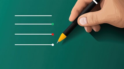 A hand holds a pen above a green surface featuring four horizontal lines, with red and green dots marking the first and second lines.