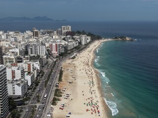 Rio de Janeiro, Brazil, aerial view of Copacabana Beach, Ipanema, the city skyline with the rocky hills full of vegetation, Copacabana Fort, Avenida Atlantica (Atlantic Avenue) and skyscrapers