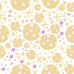Seamless pattern made of hand drawn space elements including planets, rockets, stars, moon, sun, and comets. Repeating outer space design ideal for textiles, fabric, wallpaper, wrapping paper, station