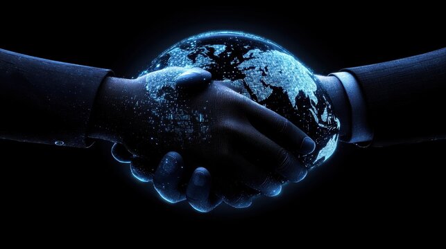 A robotic hand shakes hands with a human hand, holding a glowing digital globe against a dark background, symbolizing the fusion of unity and technology. - Powered by Adobe