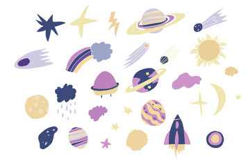 Hand drawn space vector illustration set on a warm background featuring planets, stars, rockets, moon, comets, and cosmic elements. Decorative outer space artwork suitable for posters, prints, nursery
