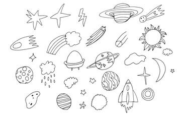 Hand drawn space vector illustration set with stars, planets, rockets, comets, clouds, rainbows, moon, and cosmic symbols in outline style. Collection of astronomy and outer space elements suitable fo © veri13
