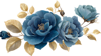 Elegant blue roses and gold leaves floral arrangement watercolor illustration for wedding invitations and decorative design isolated on white