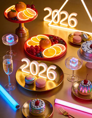 Top-down view of a luxury New Year 2026 brunch spread with glowing fruit arrangements, futuristic desserts, sparkling beverages, and neon table decorations, premium festive dining concept