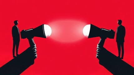 Two silhouetted figures face each other beside large megaphones against a vibrant red background.