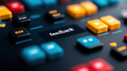 A close-up of a colorful keyboard highlights a prominent "feedback" button among vibrant keys.