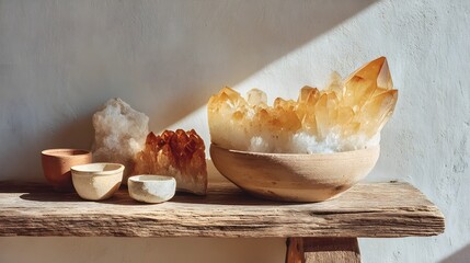 Wooden shelf with a bowl of crystals and a few other bowls on it. The bowl of crystals is the center of attention and is surrounded by other bowls. The scene gives off a sense of calm and serenity