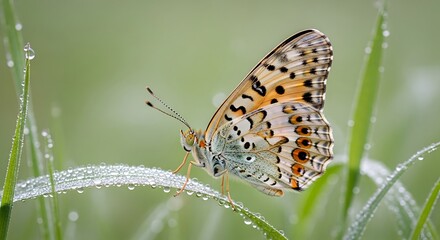 Naklejka premium Close-up of a beautiful butterfly resting on a blade of grass with dew drops.