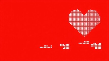 Abstract minimalist heart design filled with small white squares on vibrant red background,