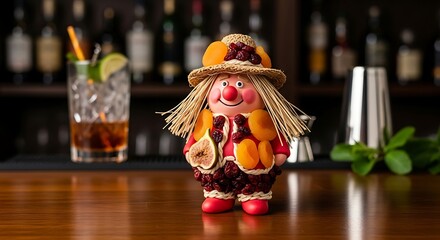 A whimsical fruit doll stands on a bar counter, flanked by a refreshing cocktail and a cocktail shaker, creating a playful and inviting atmosphere.