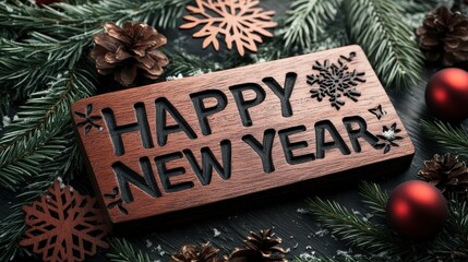 A wooden "HAPPY NEW YEAR" sign is surrounded by pine branches, pinecones, and red ornaments, evoking a festive winter atmosphere.