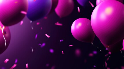 Colorful pink and purple balloons float against a dark background, surrounded by scattered confetti for a festive touch.