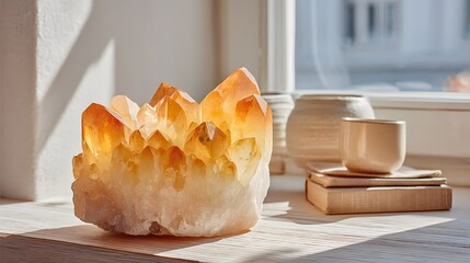 Large crystal sits on a table next to a cup and a book. The crystal is yellow and white, and it is a beautiful and unique piece of jewelry