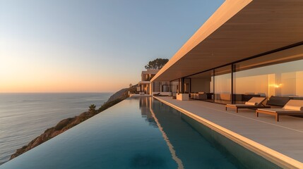 Modern Cliffside Glass House with Infinity Pool Overlooking the Ocean at Golden Hour