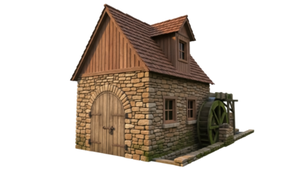 Isolated weathered old mill structure, rustic architecture with water wheel technology
