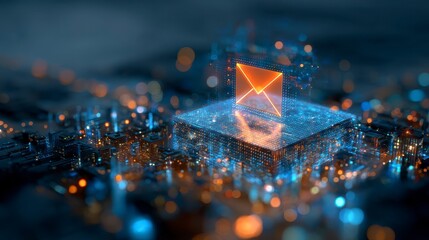 A futuristic depiction of digital communication. An illuminated email icon floats above a glowing circuit board, suggesting data transfer