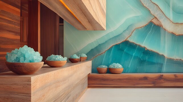 Blue and white wall with a blue and white design. There are bowls on a counter with blue salt in them