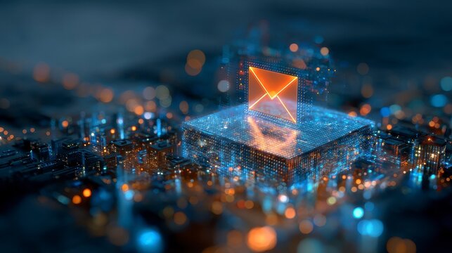 A futuristic depiction of digital communication. An illuminated email icon floats above a glowing circuit board, suggesting data transfer - Powered by Adobe