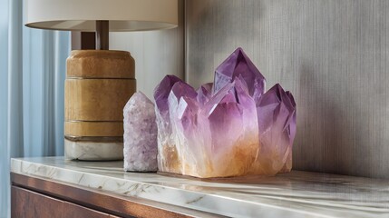 Large purple crystal formation sits on a marble countertop next to a lamp. The crystal formation is surrounded by smaller crystals, creating a visually striking display