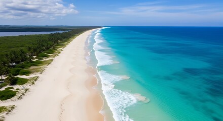 Aerial view of a pristine tropical beach with turquoise waters and white sand, lush green vegetation bordering the coastline under a clear blue sky.