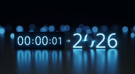 A digital countdown timer displaying the start of a new year 2026 in a dark futuristic environment
