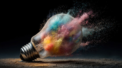 Creative explosion of colorful powder inside a shattered light bulb against dark background