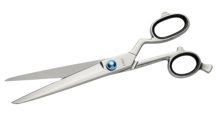 Isolated pair of shiny metal professional barber salon hair cutting grooming scissors shears