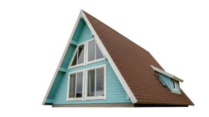 Isolated A-frame house facade, modern architecture, brown roof, turquoise siding and windows