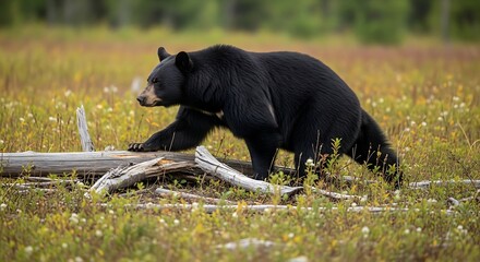Black Bear Walking Through a Grassy Field with Wildflowers and Fallen Logs.
