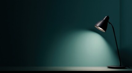 A desk lamp illuminates a wooden surface against a teal wall, creating a warm and cozy workspace ambiance.