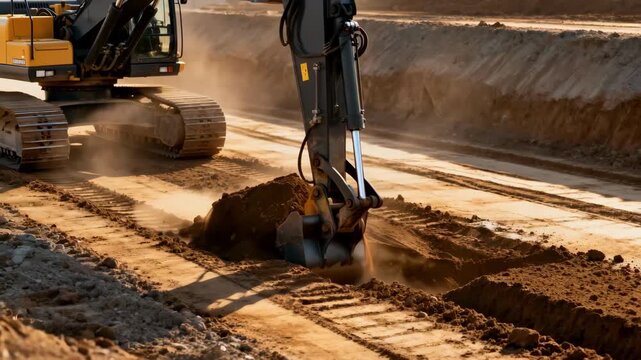 Medium shot of high energy dynamic compaction in action heavy machinery delivering powerful impacts to improve soil density on a large construction site.