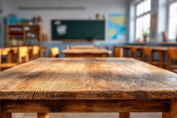 Light-filled empty classroom with rows of wooden desks and chairs highlighting rustic textures and a blackboard in the background for education theme