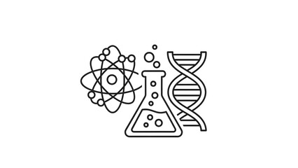 Obraz premium Science and Chemistry Line Icons Set with Molecule, Atom, DNA and Laboratory Symbols on Black Background
