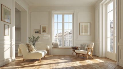 Large, open living room with a white couch and two chairs. The room is filled with natural light and has a clean, minimalist design