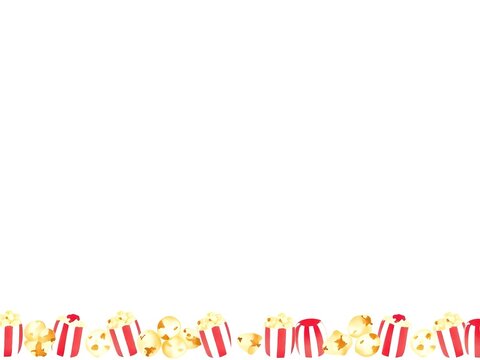 A colorful border of popcorn and movie snacks on a white background
