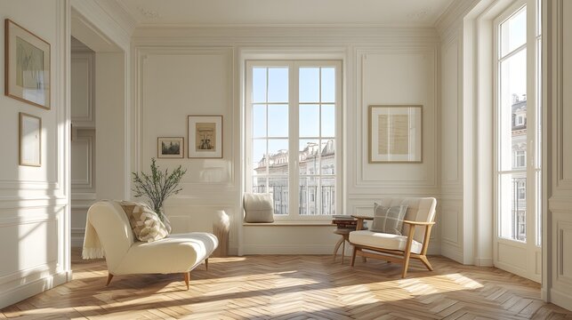 Large, open living room with a white couch and two chairs. The room is filled with natural light and has a clean, minimalist design