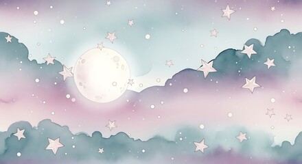 Dreamy Watercolor Night Sky with Full Moon and Sparkling Stars.