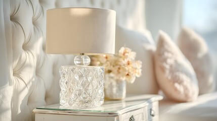 Bedside table with a lamp and a vase of flowers. The lamp is clear and the flowers are white
