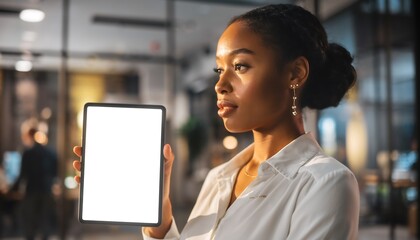 Young professional woman presenting on tablet in modern office