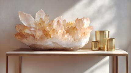 Large crystal formation sits on a white table next to a few gold candle holders. The crystal formation is the main focus of the image, and the candle holders add a touch of elegance to the scene