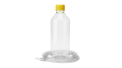 Isolated clear plastic bottle with yellow cap and transparent hose on neutral background