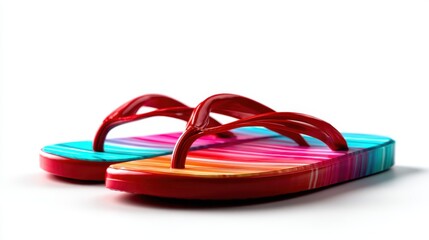 Naklejka premium A pair of vibrant flip flops featuring colorful striped patterns, perfect for beach days, vacations, and casual summer outings, embodying fun and carefree vibes.