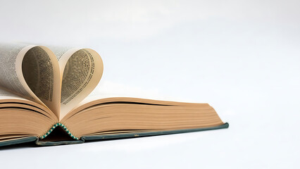 An open book with its pages folded into a heart shape, symbolizing love for reading on a clean white background.