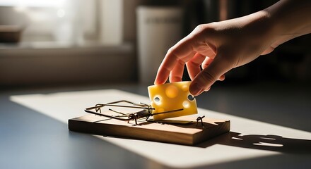Hand placing cheese bait on a traditional wooden mousetrap, illuminated by natural light.
