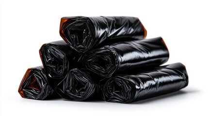 This image showcases neatly rolled black trash bags stacked together, representing efficiency and cleanliness for waste disposal and home organization.