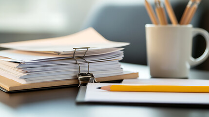 Busy desk with papers, pencils, and notes. A stack of documents held together by a clip sits beside a white mug filled with writing implements, ready for use on the nearby notepad.