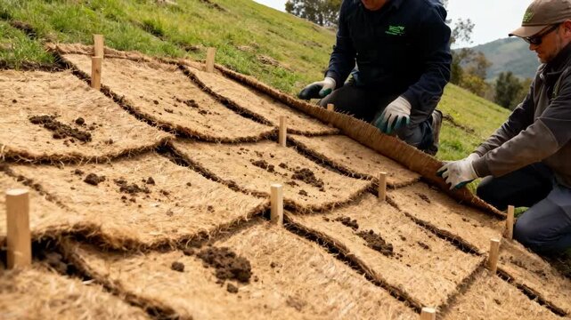 Medium shot of coir erosion control mats being installed on a slope to prevent soil runoff using ecofriendly natural fiber materials