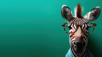 This whimsical image features a zebra wearing glasses, combining playful elements with a modern twist, showcasing creative artistry and humor.