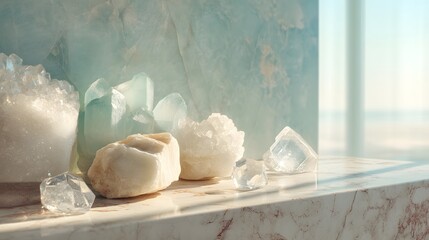 Collection of white and blue crystals on a marble countertop. The blue crystals are larger and more prominent than the white ones. Concept of calm and serenity
