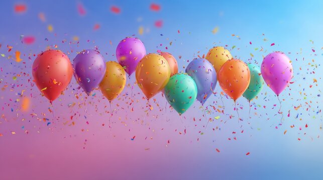 Colorful balloons floating with confetti against a gradient background, creating a celebratory atmosphere - Powered by Adobe